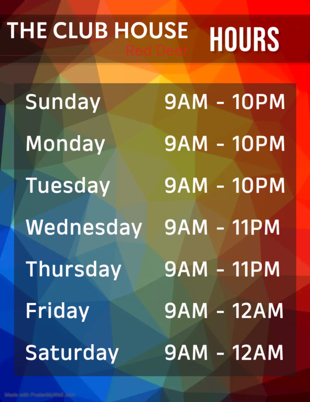 Business operating hours for The Clubhouse